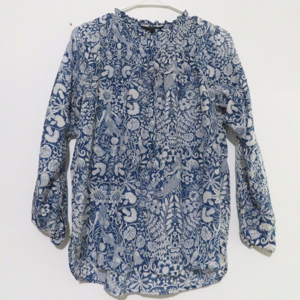 J.Crew Floral and Mermaid Print Pin Tuck Cotton/Silk Blend Top Size 0